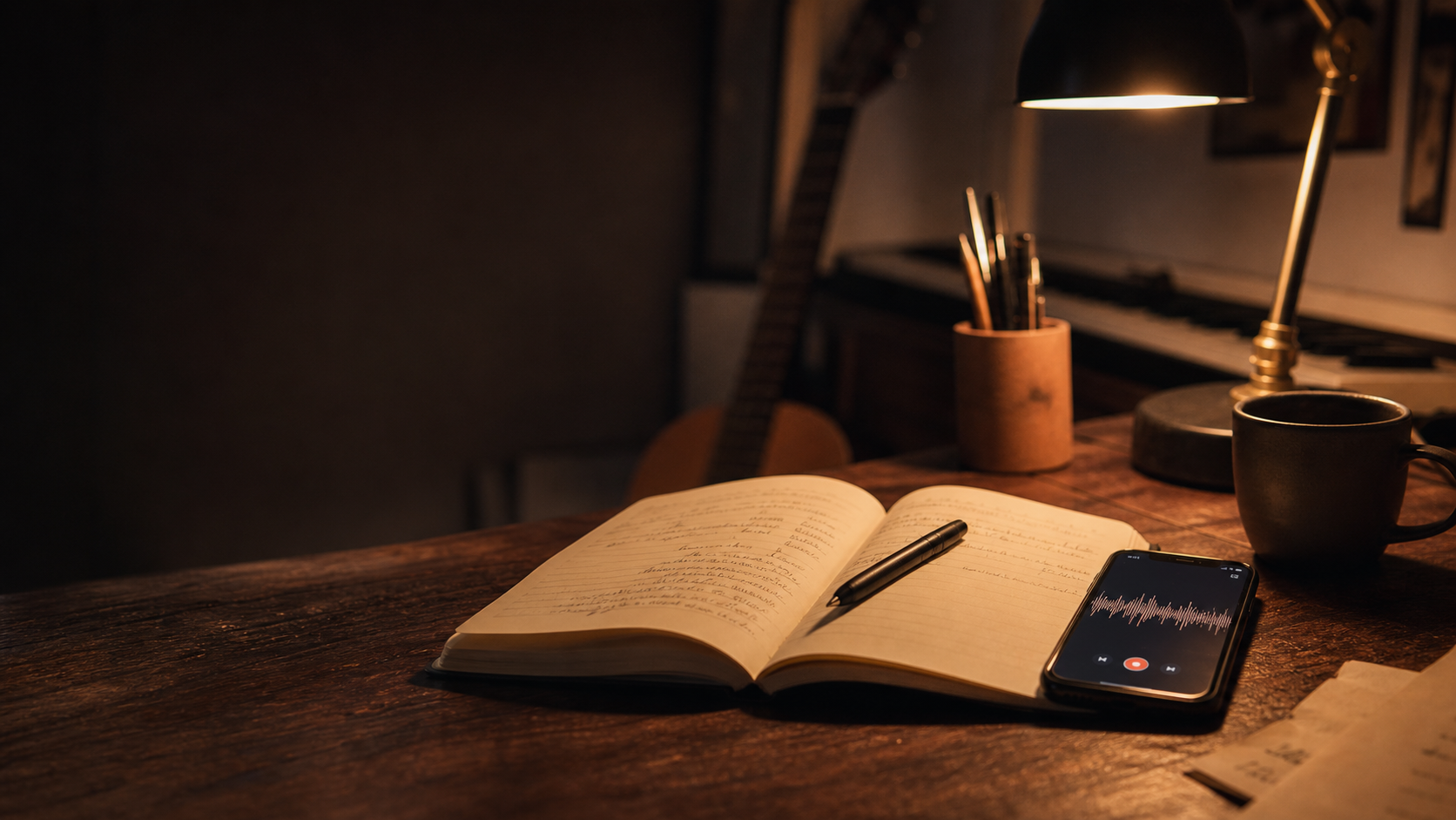 A quiet night writing desk with an open notebook, pen, phone voice memo, and warm studio lamp.